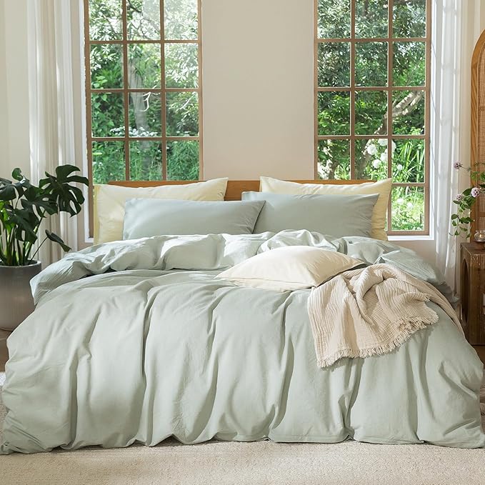 MooMee Bedding Duvet Cover Set 100% Washed Cotton Linen Like Textured Breathable Durable Soft Comfy (Heathered Sage Green, Super Queen 90"x98")