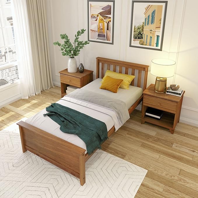 Plank+Beam Solid Wood Twin Bed Frame, Platform Bed with Headboard, Pecan
