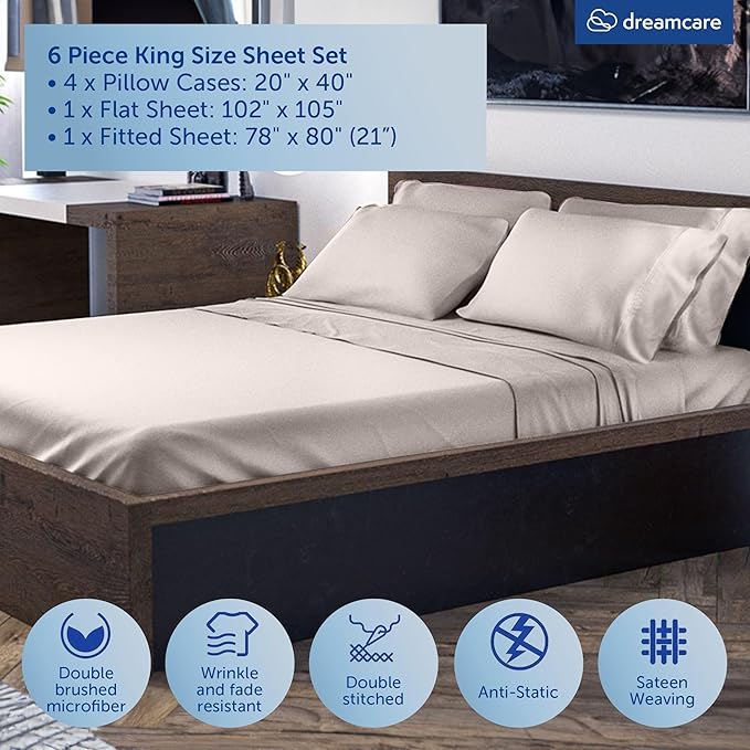 DREAMCARE King Size Sheets Set – 6 pcs Cooling Bed Sheets – up to 21” Deep Pocket King Sheet Set – 2500 Supreme Collection – Extra Soft 100% Brushed Microfiber Hotel Luxury with Side Pocket – Beige