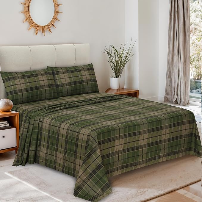 RUVANTI Flannel Sheets Full Size - 100% Cotton Double Brushed Bed Sheets Set, Deep Pockets 16 Inches, All Seasons Breathable & Extra Soft Full Sheets, Warm & Cozy, 4 Piece, DNA Plaid