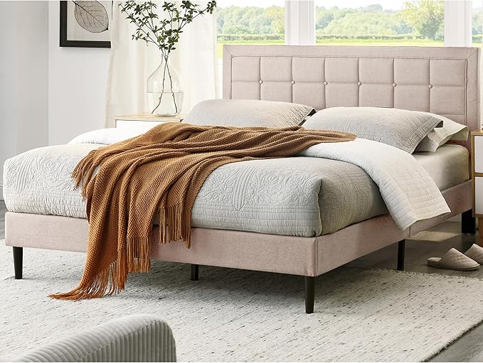 Decoro Mornington Upholstered 2.0 Platform Bed, Button-Tufted Fabric Headboard and Metal Frame with Wood Slat Support, Linen, Full