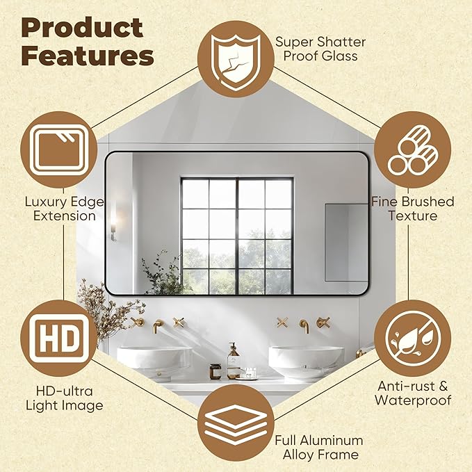 Antok Bathroom Mirror,60"x30" Wall Mirror, Decorative Mirrors Vanity Mirror Aluminum Alloy Frame Contemporary Hanging Mirror for Living Room Bathroom Entryway,Black,Round Corner