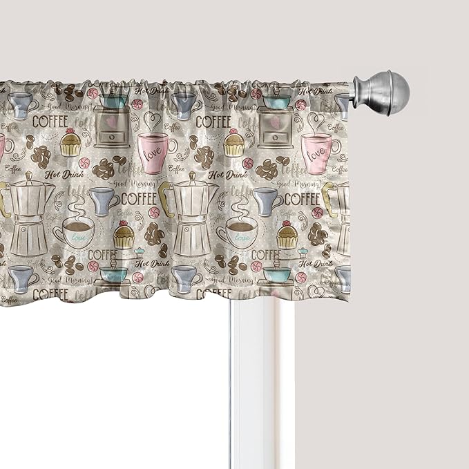 Ambesonne Modern Window Valance Pack of 2, Coffee Time Vintage Espresso Machine Cupcakes Beans Design, Rod Pocket Curtain Valances for Kitchen Bedroom, 42" X 18", Pale Pink Beige