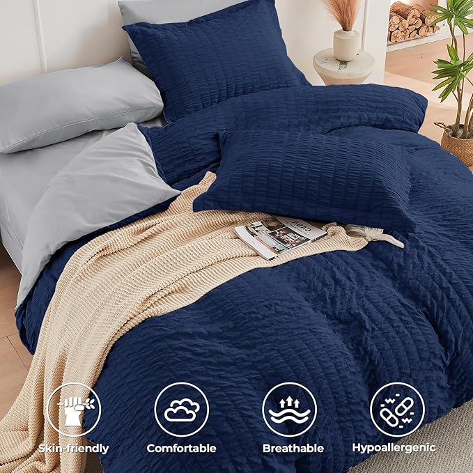 HYMOKEGE Navy Blue/Light Grey King Size Comforter Set Seersucker 7 Pieces, All Season Luxury Bed in a Bag for Bedroom, Bedding Set with Comforter, Sheets, Pillowcases & Shams