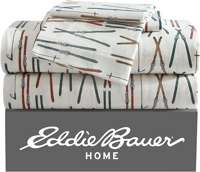 Eddie Bauer - Full Sheets, Cotton Flannel Bedding Set, Brushed For Extra Softness, Cozy Home Decor (Ski Line White, Full)