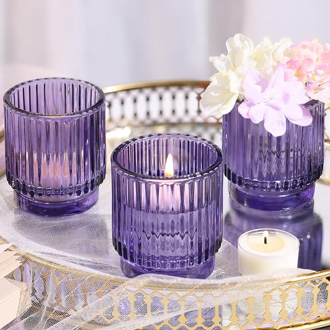 8 Pcs Large Lavender Votive Candle Holders, Tealight Ribbed Candle Holders Glass, Brildal Shower Table Decor,Wedding Centerpieces Table Decorations
