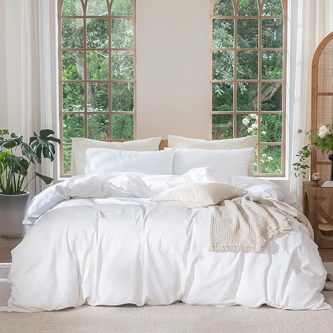 MooMee Bedding Duvet Cover Set 100% Washed Cotton Linen Like Textured Breathable Durable Soft Comfy (Solid Bright White, Alaska King 132"x120")