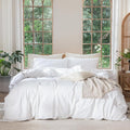 MooMee Bedding Duvet Cover Set 100% Washed Cotton Linen Like Textured Breathable Durable Soft Comfy (Solid Bright White, Super King Plus 120"x120")