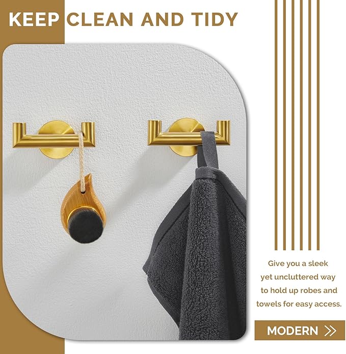 Angle Simple Towel Double Hook Brushed Gold 2 PCS, SUS304 Stainless Steel Bathroom Hand Towel Holder, Double Robe Hook, Wall Mount