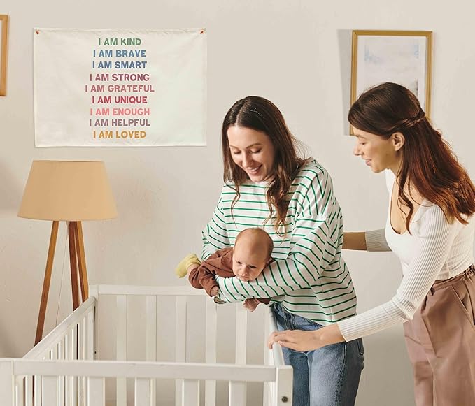 Boho Rectangular Banner Flag Wall Sign Decor Gift for Baby Boy Girl Kids,Positive Nursery Classroom Above Crib Bedroom Playroom Reading Room Essential Wall Decor- Christmas Gift I am Kind I am Brave
