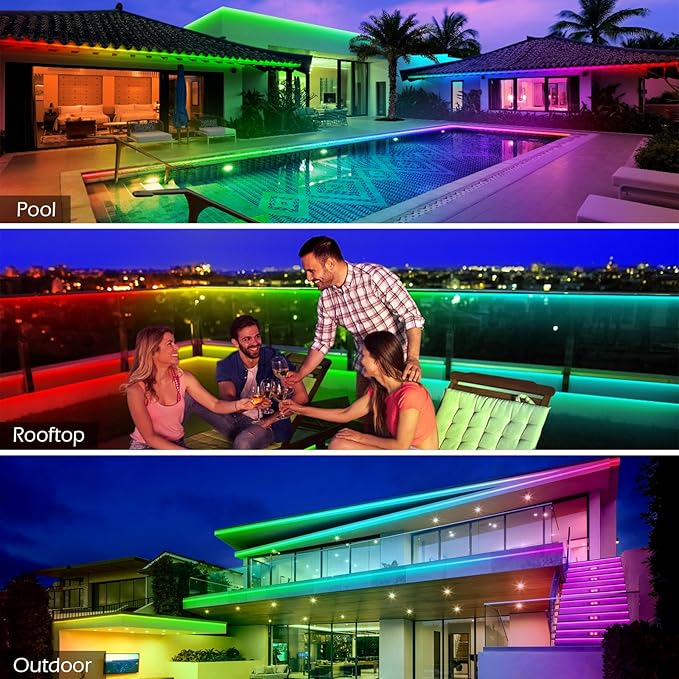 AILBTON 150ft Outdoor LED Strip Lights Waterproof,IP68 Outside Led Light Strips Waterproof with Bluetooth App Remote Control,Music Sync RGB Exterior Led Rope Lights,for Balcony,Deck,Roof,Garden,Pool