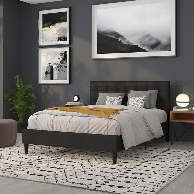 Flash Furniture Lennox Tufted Upholstered Headboard for Queen Size Bed, Contemporary Vinyl Tufted Headboard with Adjustable Height, Black