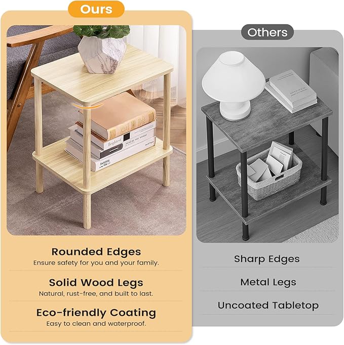 Apicizon 2 Tier End Table Set of 2, Small Side Table with Solid Wood Legs, Boho Bedside Table with Storage Shelf, Nightstand for Small Spaces, Bedroom, Living Room, Entryway, Light Natural