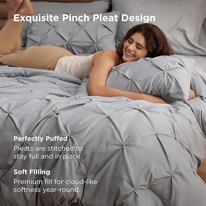 Bedsure Oversized Queen Comforter Set Grey - Bed in a Bag Bedding Set 7 Pieces, GentleSoft™ Pintuck Bed Set Gift for Family, Pinch Pleat All Season Comforter with Sheets, Pillowcases & Shams