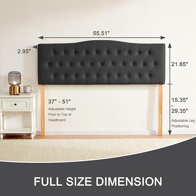 Tufted Upholstered Headboard Full Size, Sturdy and Durable Solid Wood Full XL headboard, Fabric Headboard Adjustable Height from 37” to 51”, Modern Button Diamond Design Head Board, Black