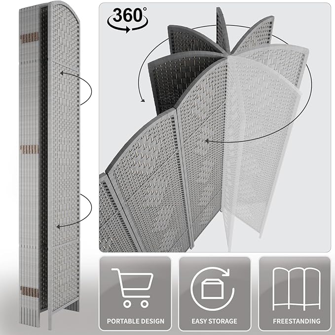 Rose Home Fashion 6 ft Tall Room Divider, Room Dividers and Folding Privacy Screens, 15.7in Privacy Screen 6 Panel Partition Temporary Wall Separation for Private, Grey
