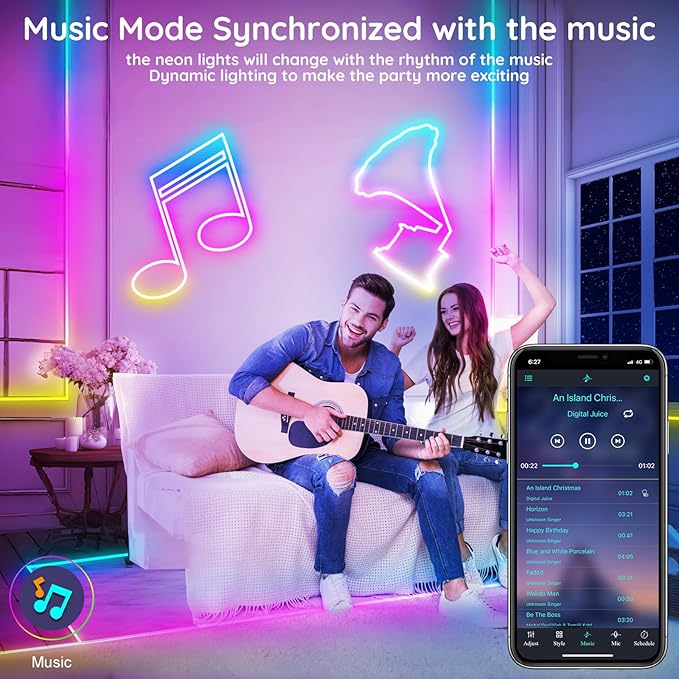 FBZ 50Ft Led Rope Lights, Flexible Neon Lights Control with App/Remote, Multiple Modes, IP65 Outdoor RGB Waterproof, Music Sync Gaming Light Strip for Bedroom Decor