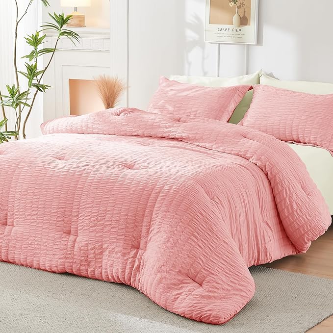HYMOKEGE Pink/Ivory Full Size Comforter Sets Seersucker 7 Pieces, All Season Luxury Bed in a Bag for Bedroom, Bedding Set with Comforter, Sheets, Pillowcases & Shams