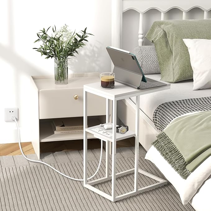 Yoobure C Shaped End Table with Charging Station, Small Side Tables for Living Room Bedroom, Sofa Table with USB Ports and Outlets for Small Spaces, Rustic Bed Side Table
