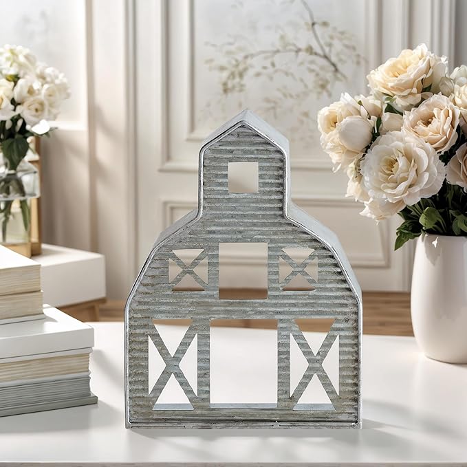 Barn Shaped Tea Light Holder Farmhouse Galvanized Metal Candle Holder Vintage Barn Decor for Table Centerpiece - 6.3" x 1.97" x 8.46"