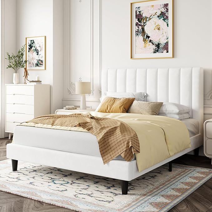 Allewie Full Bed Frame/Velvet Upholstered Bed Frame with Vertical Channel Tufted Headboard/Strong Wooden Slats/Platform Bed Frame/Mattress Foundation/Box Spring Optional/Easy Assembly/White