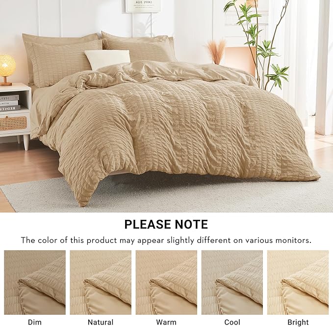 HYMOKEGE Khaki Twin XL Comforter Set Seersucker 5 Pieces, All Season Luxury Bed in a Bag for Bedroom, Bedding Set with Comforter, Sheets, Pillowcase & Sham