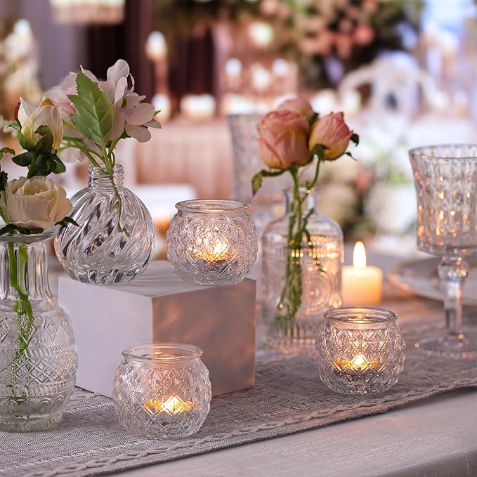 DARJEN 12Pcs Clear Votive Candle Holders - Round Glass Candle Holders for Tea Light Candle, Embossed Candle Votives for Wedding Centerpiece, Living Room & Home Table Decor