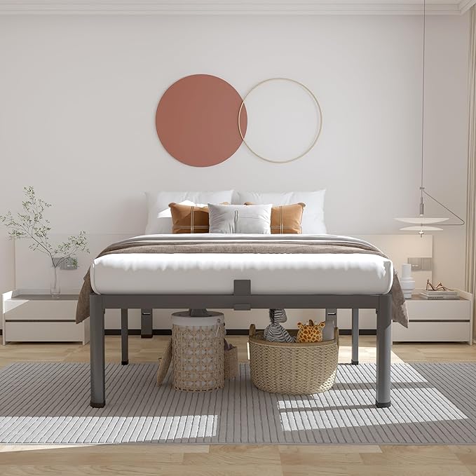 ROIL 14 inch Twin Bed Frames with Headboard Hole and Round Corner Legs Mattress Retainers 3500LBS Heavy Duty Steel Slats No Box Spring Needed Platform Noise-Free Easy Assembly