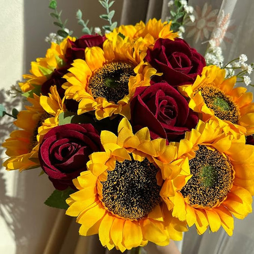24PCS Fake Rustic Combination Flowers Artificial Fall Decor Long Single Stem Flower Include Sunflowers Babys Breath Burgundy Roses and Green Eucalyptus Stems for Wedding Home Party Decor