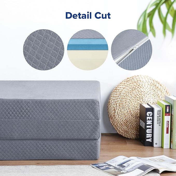 Olee Sleep Tri-Folding Memory Foam Mattress Topper, 4 Inch Gel Folding Mattress for Camping, Foldable Guest Bed, Washable Cover, CertiPUR-US Certified, Soft, Grey, Single Size