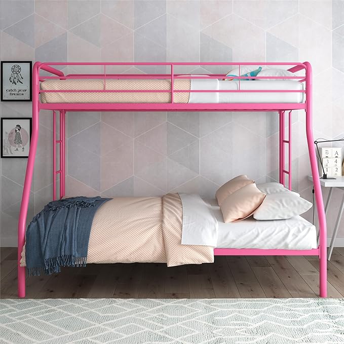 DHP Dusty Metal Bunk Bed Frame, Twin-Over-Full for Kids, Teens, Adults, Angled Ladder, Guardrail, No Boxspring, Small Spaces, Pink