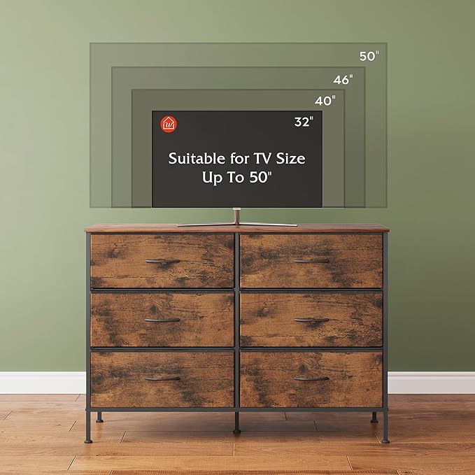 WLIVE Dresser for Bedroom with 6 Drawers, Wide Fabric Dresser TV Stand for 50 Inches TV, with Metal Frame, Wooden Top, Fabric Storage Dressers for Bedroom, Hallway, Entryway, Rustic Brown