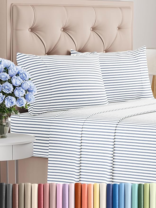 Twin XL 4 Piece Sheet Set - Comfy Breathable & Cooling - Soft Hotel Luxury Bedding Set with 8-16 Inch Deep Pockets - 1 Flat & 1 Fitted Sheet & 2 Pillowcases - Wrinkle Free & Easy Care - Blue Stripes 2