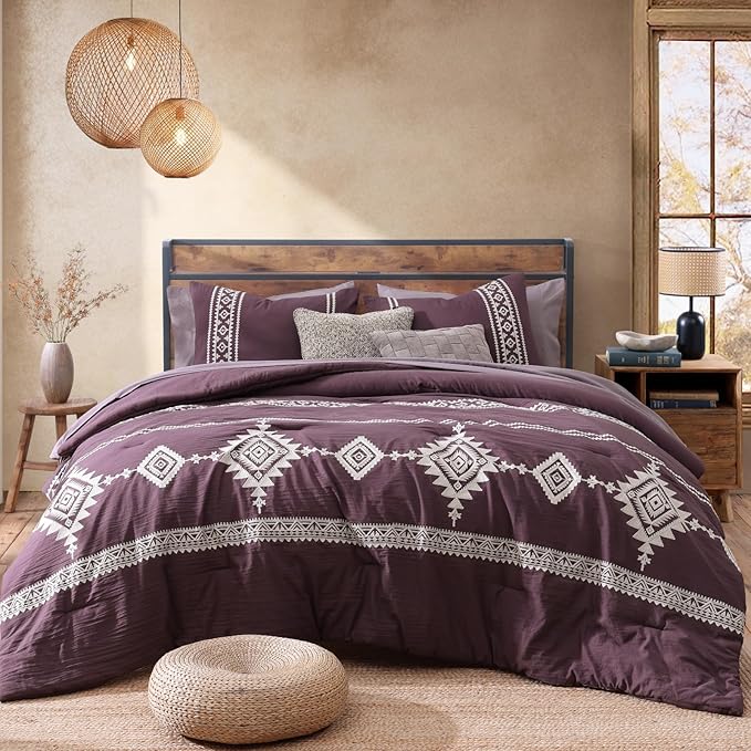 MaiRêve Embroidery King Size Comforter Set Purple, Boho Farmhouse Western Bedding Set 7 Pieces, All Season Bed in A Bag Comforter Set with Sheets, Pillowcases & Shams