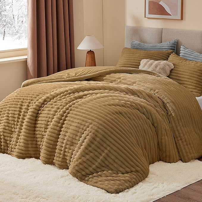 BEDELITE Fleece King Comforter Set -Super Soft & Warm Fluffy Brown Bedding, Luxury Fuzzy Heavy Bed Set for Winter with 2 Pillow Cases