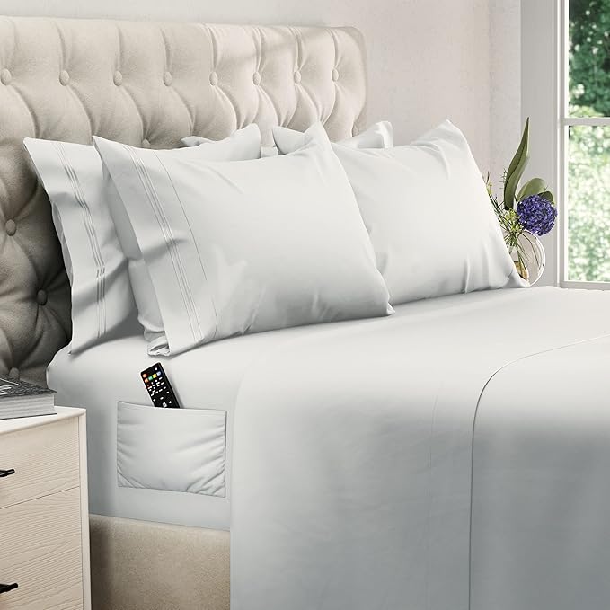 DREAMCARE Full Size Bed Sheet Set - Cooling, Extra Deep Pocket, 6pcs Set - Soft & Long Lasting 100% Fine Brushed Polyester - White, Includes Side Pocket