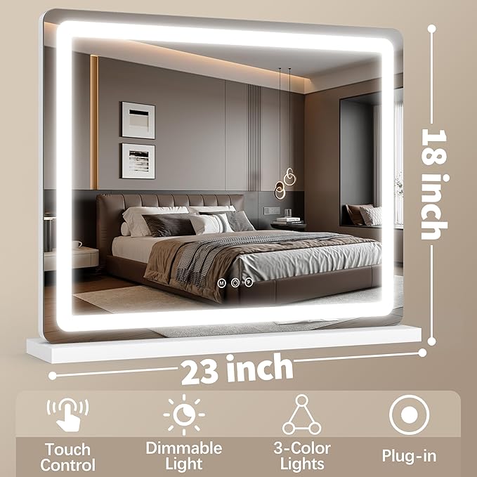 FENNIO 23" x 18" Vanity Mirror with Lights，LED Makeup Mirror，Hollywood Mirror with 3 Color Modes & Adjustable Brightness，Vanity Mirror White