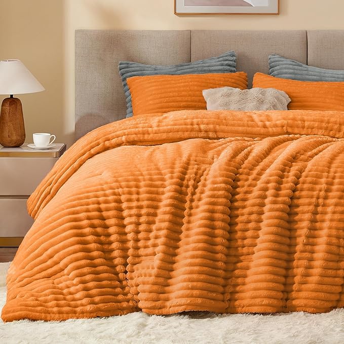 BEDELITE Fleece California King Comforter Set -Super Soft & Warm Fluffy Burnt Orange Bedding, Luxury Fuzzy Heavy Bed Set for Winter with 2 Pillow Cases