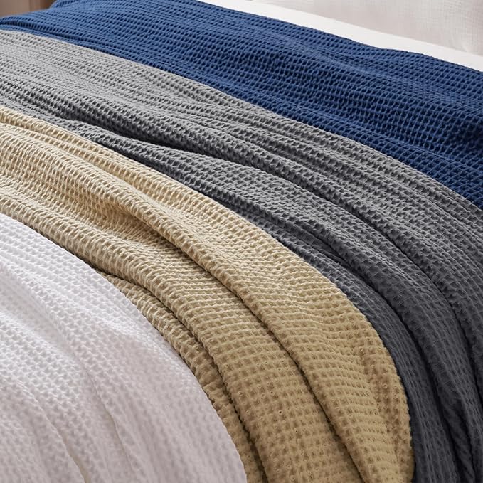 PHF 100% Cotton Waffle Weave Blanket Queen Size for Bed,Snag Proof Lightweight Breathable Throw for Couch,Great for Layering in Cold Weather,Machine Washable, Home Decor Gift-Navy Blue/Bright Blue