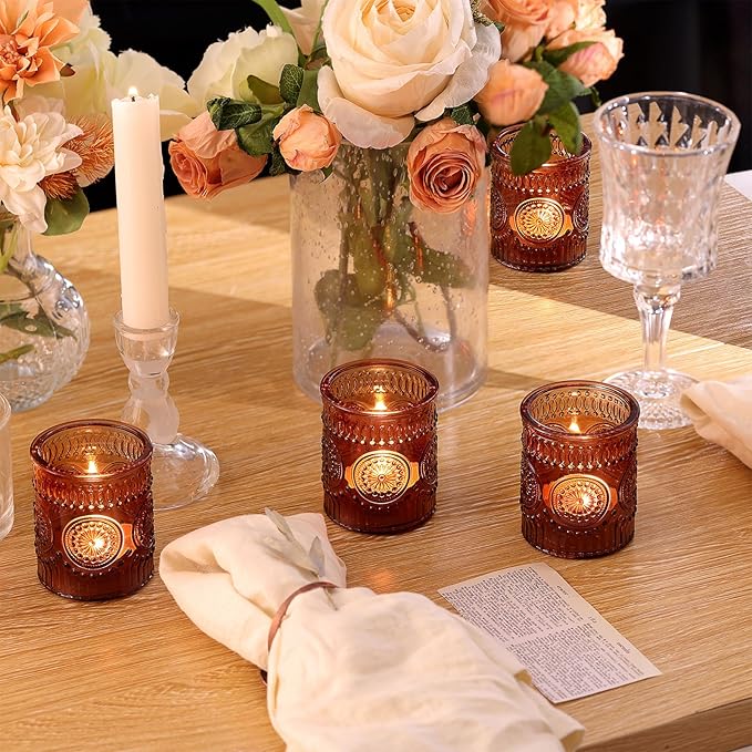 Amber Votive Candle Holder Set of 12, Glass Tea Lights Candle Holders for Home Table Centerpiece, Dinner Parties, Weddings Decor