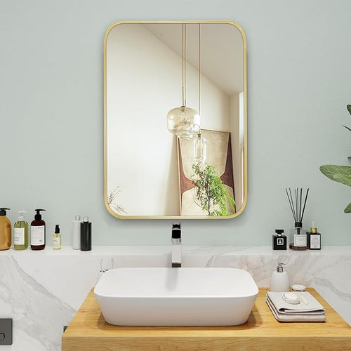 24"x36" Brushed French Gold Metal Framed Rounded Rectangle Mirror, Gold Wall Mounted Mirrors for Bathroom Entryway Vanity Living Room Bedroom, Vertical or Horizontal