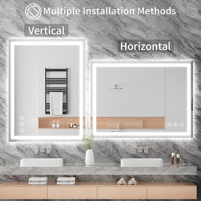 Koonmi 30x40 LED Bathroom Mirror, Backlit + Front Lit, LED Bathroom Mirror with Lights for Wall, 3 Colors, Anti-Fog, Dimmable Brightness, Memory Function, Tempered Glass