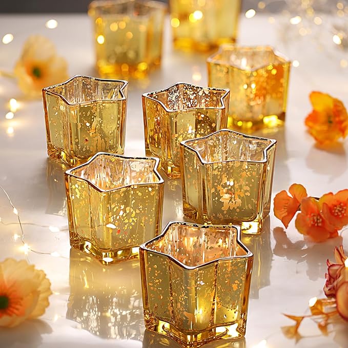 Letine 8pcs Gold Star Candle Holders Set - Elegant Tea Light & Votive Holders for Diwali, Weddings, Fall Decor - Mercury Glass Star Jars with Celestial Glow(2.44" Height)