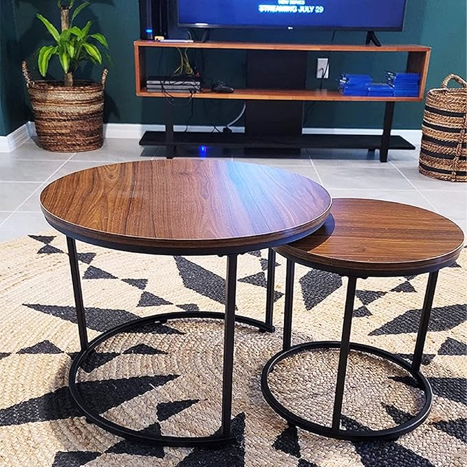 aboxoo Coffee Table Nesting Side Round Set of 2 End Table Top Sturdy Metal Frame Desk Centerpiece Living Room Bedroom Apartment Modern Industrial Simple Nightstand