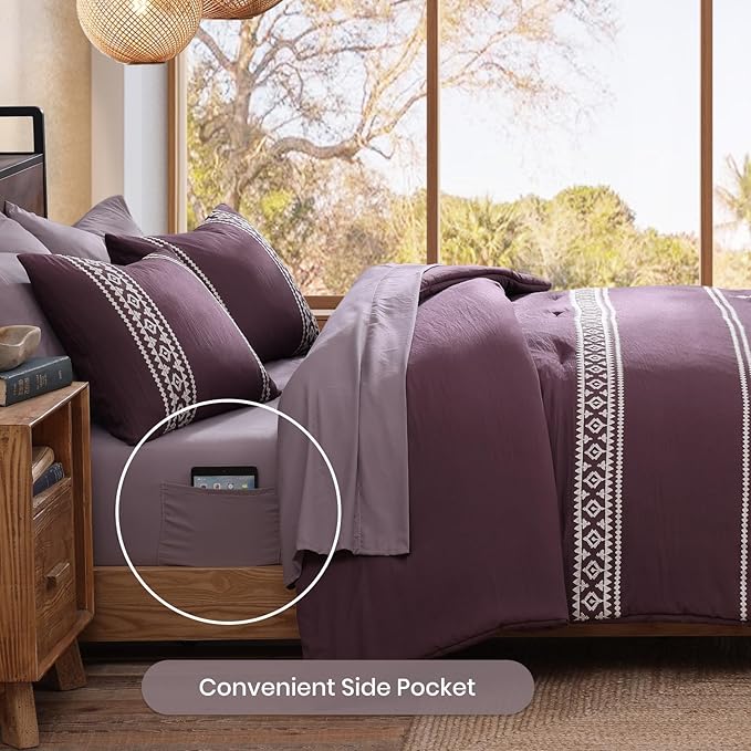 MaiRêve Embroidery King Size Comforter Set Purple, Boho Farmhouse Western Bedding Set 7 Pieces, All Season Bed in A Bag Comforter Set with Sheets, Pillowcases & Shams
