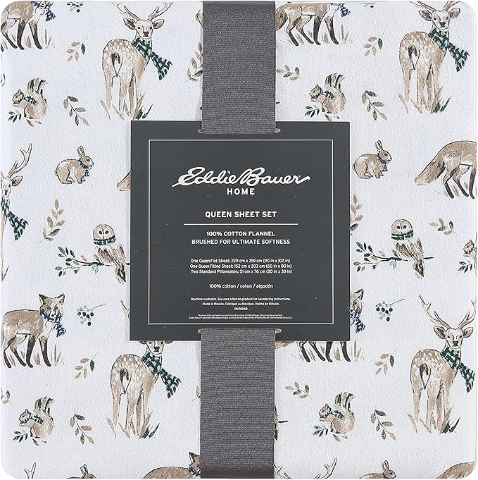 Eddie Bauer - Queen Sheets, Cotton Flannel Bedding Set, Brushed For Extra Softness, Cozy Home Decor (Woodlands Friends, Queen)