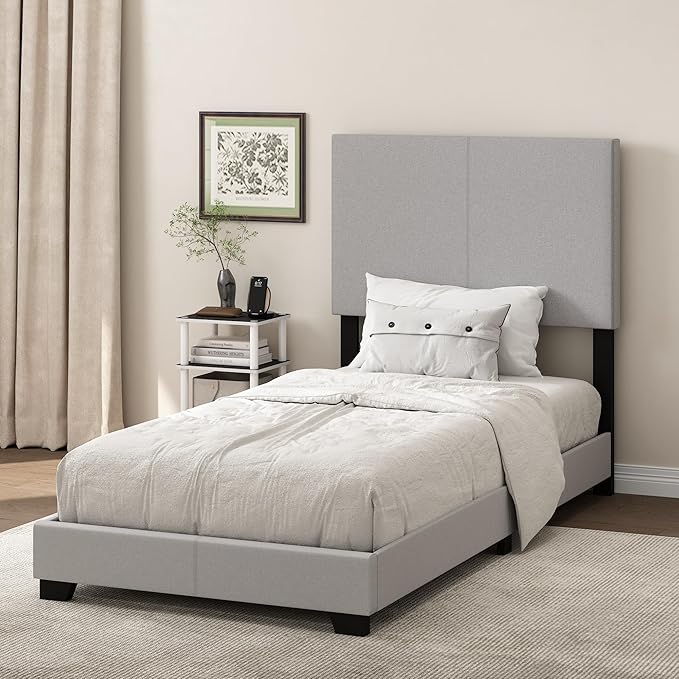 Furinno Pessac Fabric Upholstered Bed Frame with Wooden Slat Support, Twin XL, Glacier