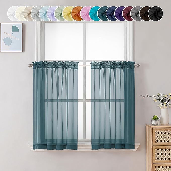 Chyhomenyc Sheer Stone Blue Tier Curtains 24 Inch Length, Small Window Curtains Treatment for Bathroom Living Room Basement, Short Rod Pocket Cafe Curtain, 42W x 24L Inches, 2 Panels