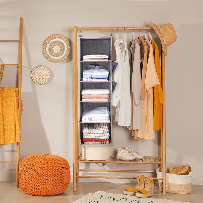 BOOMIBOO Hanging Closet Organize and Shelves，5-Hanging Shelf with 2 Side Pockets，Storage Foldable （Browm）