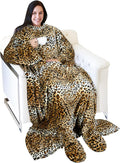 Catalonia Wearable Fleece Blanket with Sleeves and Foot Pockets for Adult Women Men, Micro Plush Comfy Wrap Sleeved Throw Blanket Robe Large, Cheetah
